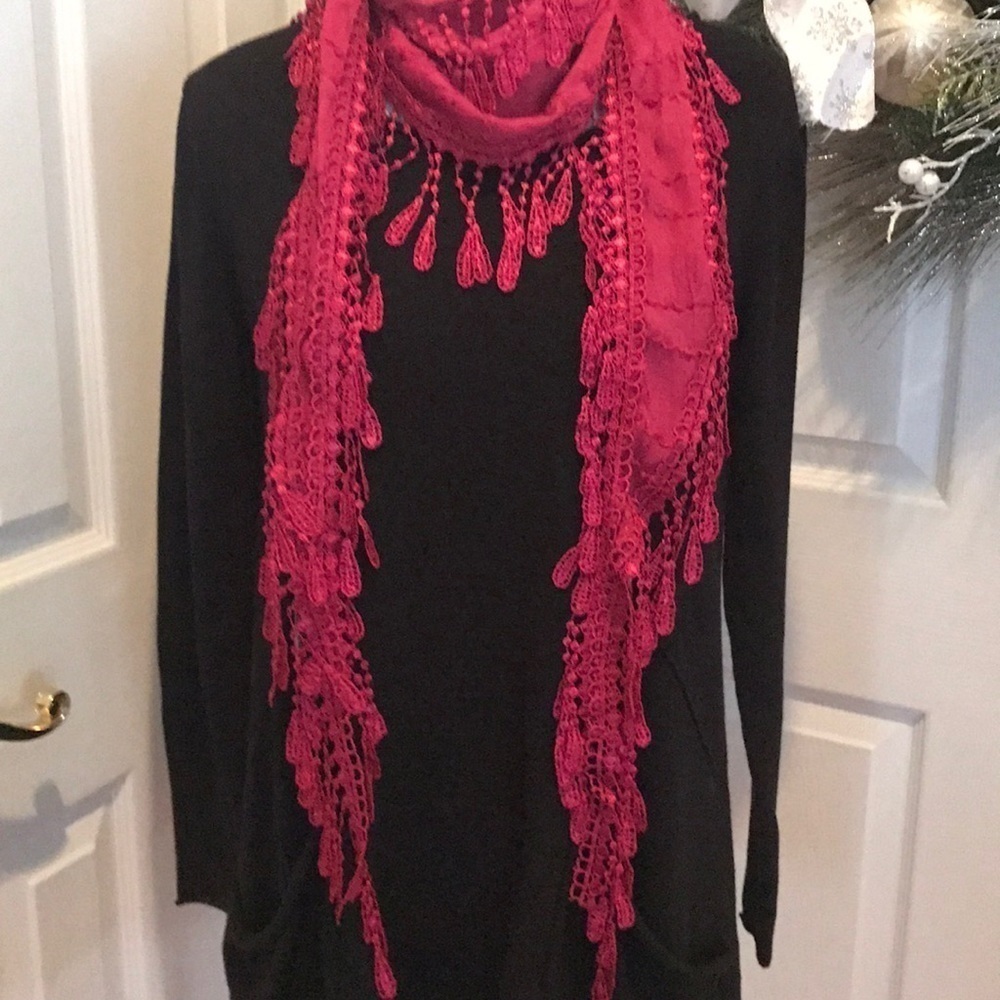 Burgundy lightweight scarf with crocheted fringe